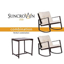 SUNCROWN Patio Rocking Chair Set, 3 Piece Brown Wicker Bistro Set Beige-White Cushion & Glass Coffee Table