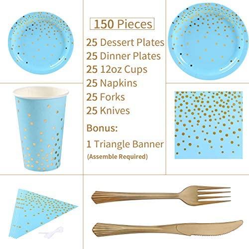 Duocute White and Gold Party Supplies 150Pcs Golden Dot Disposable Party Dinnerware Includes Paper Plates, Napkins, Knives, Forks, 12oz Cups, Banner, for Bridal Shower, Engagement, Wedding, Serves 25