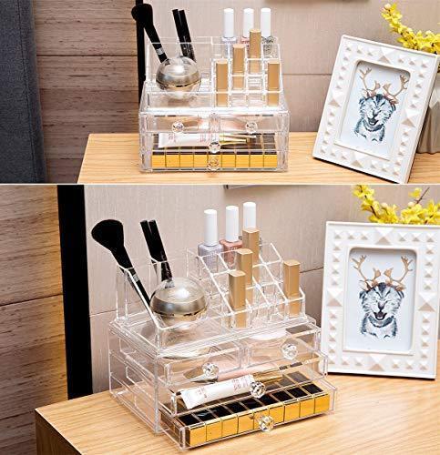 SANNO Acrylic Clear Make Up Organiser Cosmetic Storage Box Display Makeup Case, 20 Sections with 4 Drawers, Diamond Drawer Handle