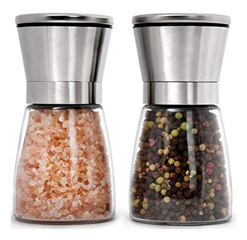 Premium Stainless Steel Salt and Pepper Grinder Set of 2 - Adjustable Ceramic Sea Salt Grinder & Pepper Grinder - Short Glass Salt and Pepper Shakers Pepper Mill & Salt Mill with Free Funnel & EBook by Home EC