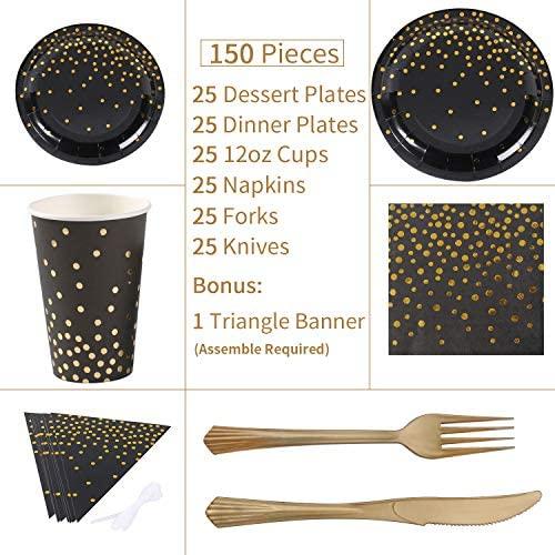 Duocute White and Gold Party Supplies 150Pcs Golden Dot Disposable Party Dinnerware Includes Paper Plates, Napkins, Knives, Forks, 12oz Cups, Banner, for Bridal Shower, Engagement, Wedding, Serves 25