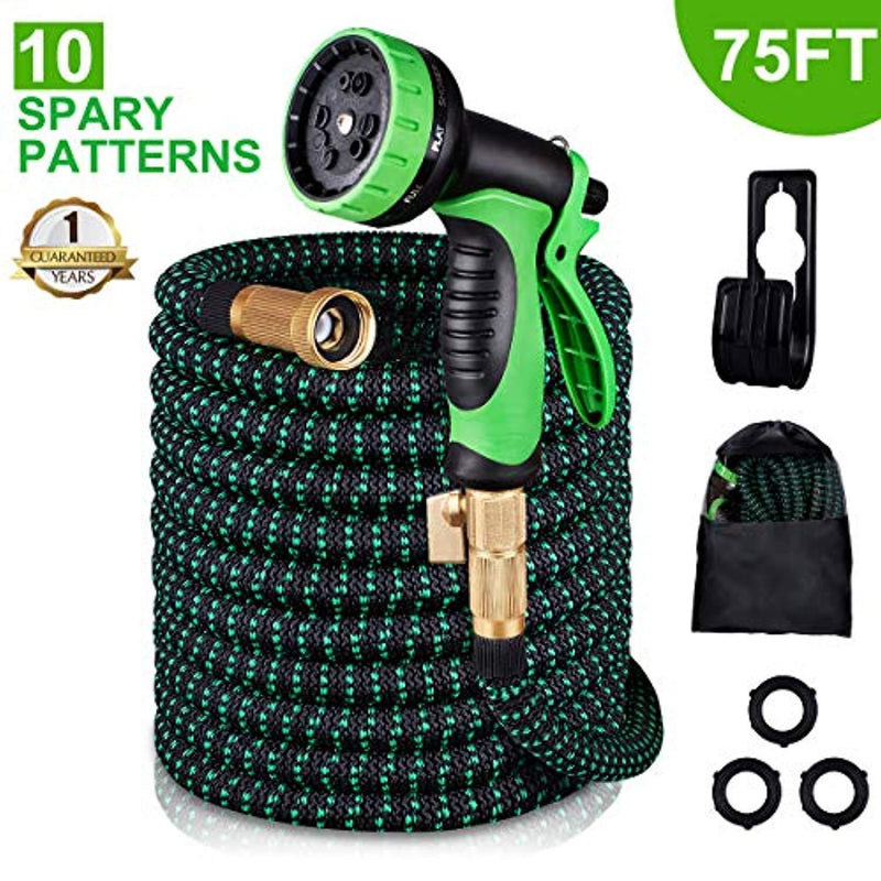 Kurtvana Garden Hose Expandable Water Hose 75 Feet,Extra Strength/No-Kink Lightweight/Durable/Flexible/10 Function Spray Hose Nozzle 3/4 Solid Brass Connectors Garden Hose for Watering/Washing