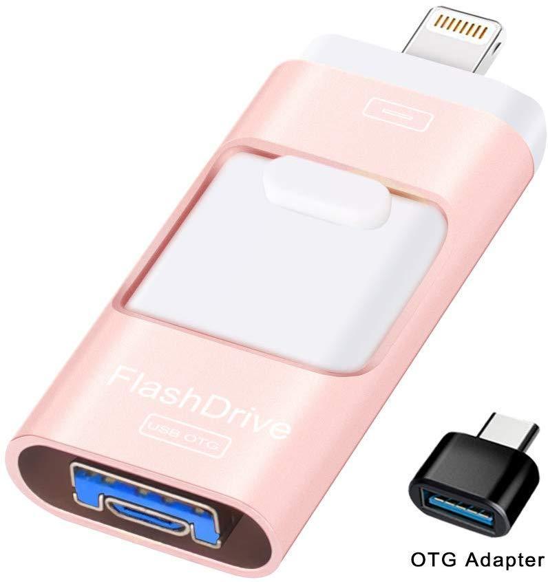 Sunany Flash Drive for iPhone 128GB, Lightning Memory Stick External Storage for iPhone/PC/iPad/Android and More Devices with USB Port (128GB Pink)