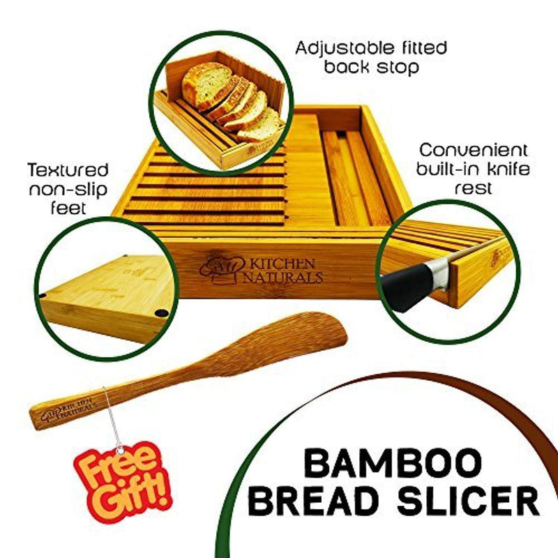 Premium Bamboo Foldable Bread Slicer – Built in Crumb Catcher and Knife Rest |Bread Slicing Guide, Bread Loaf Slicer– BONUS Bamboo Butter Spreader, Storage Bag and Guide Book.