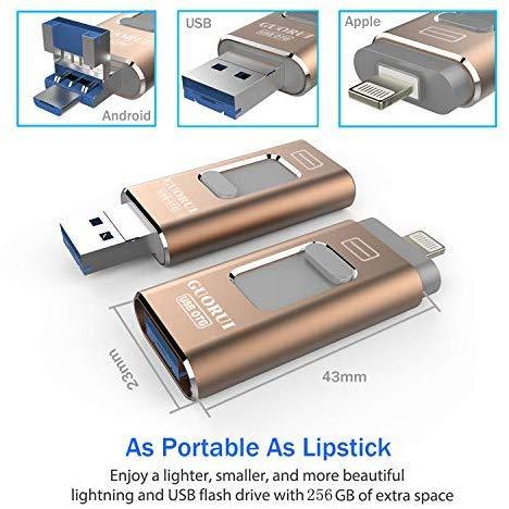 USB Flash Drive 256GB for iPhone Photo Stick backup iPhone Memory Stick External Storage Thumb Drive for iPhone 11 Pro X XR XS MAX 6 7 8 Plus iPad Pro PC Android Password Touch ID Protected Flash Gold