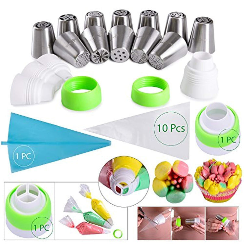 Baking supplies set 25 pcs - Russian piping tips newest patterns - big size 9 flower icing tips and 3 Malaysia pastry nozzles with accessories included in Cake decorating set