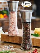 Salt and Pepper Grinder Set - Mill and Shakers Kit - Brushed Stainless Steel, Tall Premium Glass and Adjustable Ceramic Grinding System for Cooking Spices - Perfect on Kitchen by Braviloni