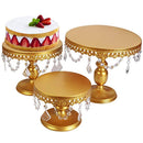 VILAVITA 3-Set Antique Cake Stand Round Cupcake Stands Metal Dessert Display with Pendants and Beads, Gold