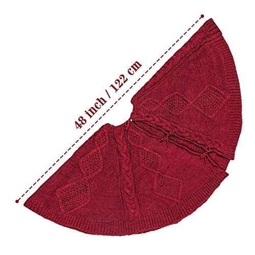 LimBridge Christmas Tree Skirt, 48 inches Diamond Knit Knitted Thick Rustic Xmas Holiday Decoration, Burgundy