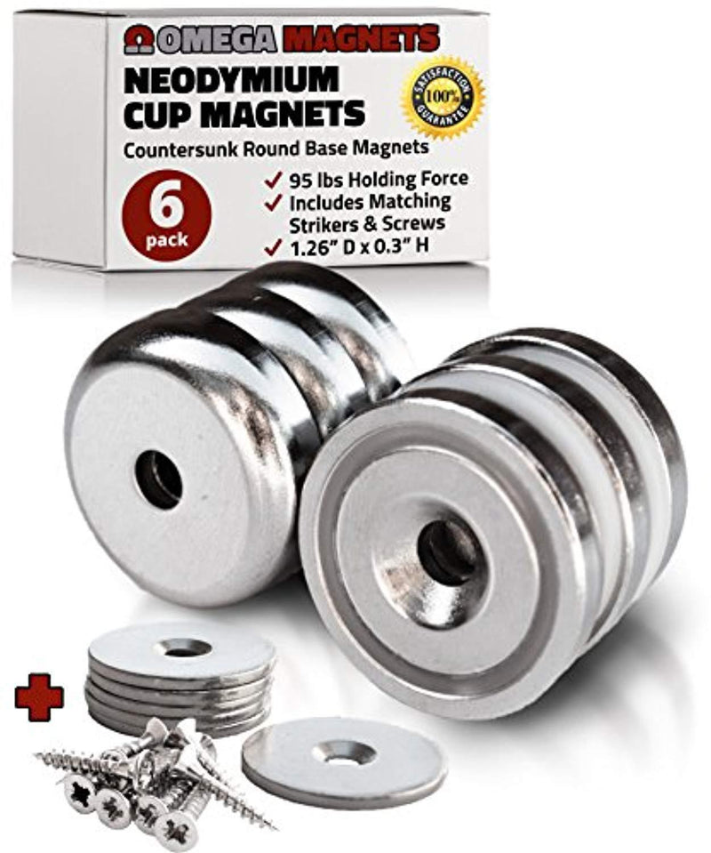 Strong Neodymium Cup Magnets (6 Pack) - 95 lbs Holding Force Rare Earth Magnets - 1.26" x 0.3" Disc Countersunk Hole Round Base Pot Magnets - Includes Screws and Mounting Strike Plates