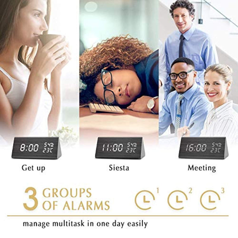 Digital Alarm Clock for Bedroom, 3 Alarm Settings Clock with Wooden LED Displays Time Brightness Adjustable, Dual Power Supply, Temperature and Humidity Detect, Ideal Gift for Friends