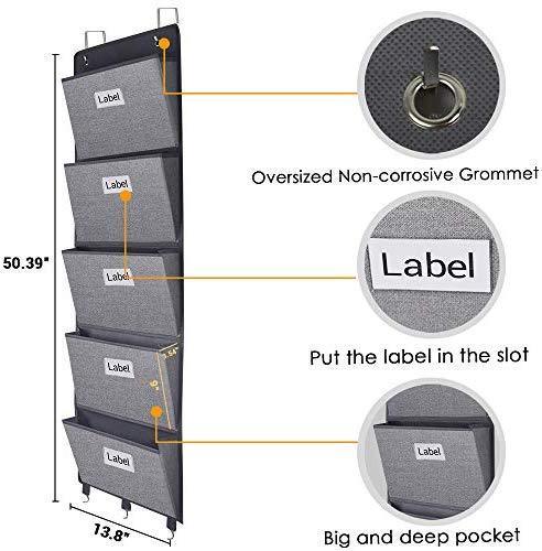 Over The Door Hanging File Organizer Wall Mounted, Office Supplies Storage Holder Pocket Chart for Magazine,Notebooks,Planners,File Folders,5 Large Pockets Grey