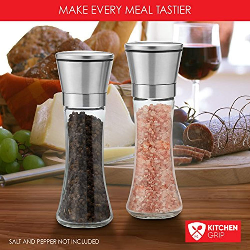 KitchenGrip Salt and Pepper Grinder Set Of 2 - Stainless Steel Top, 6 Oz Glass Tall Body - Salt and Pepper Mill For Fine and Coarse Grinding, 5 Grade Adjustable Ceramic Rotor, Salt and Pepper Shakers