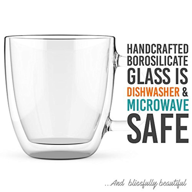 Large Coffee Mugs, Double Wall Glass Set of 2, 16 oz - Dishwasher & Microwave Safe - Clear, Unique & Insulated with Handle, By Elixir Glassware