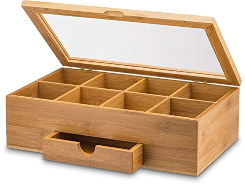 Tea Organizer Bamboo Tea Box with Small Drawer 100% Natural Bamboo Tea Chest - Great Gift Idea