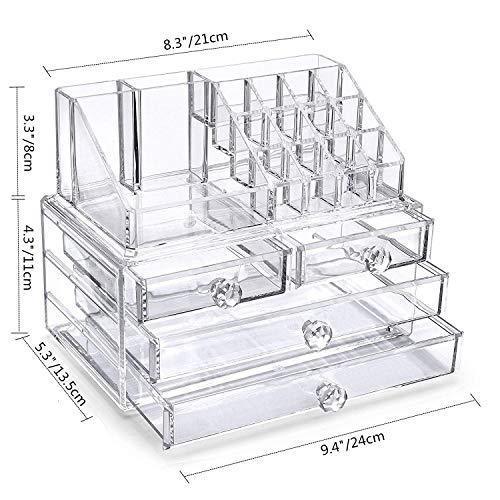 SANNO Acrylic Clear Make Up Organiser Cosmetic Storage Box Display Makeup Case, 20 Sections with 4 Drawers, Diamond Drawer Handle