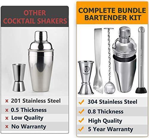 Premium Cocktail Shaker Bartender Kit -24 Ounces Bar Set Built-in Strainer With Muddler, Mixing Spoon, Measuring Jigger and Ice Tong Plus Cocktail Recipes - Bar Tools for Martini (Grey) by Mixologist World