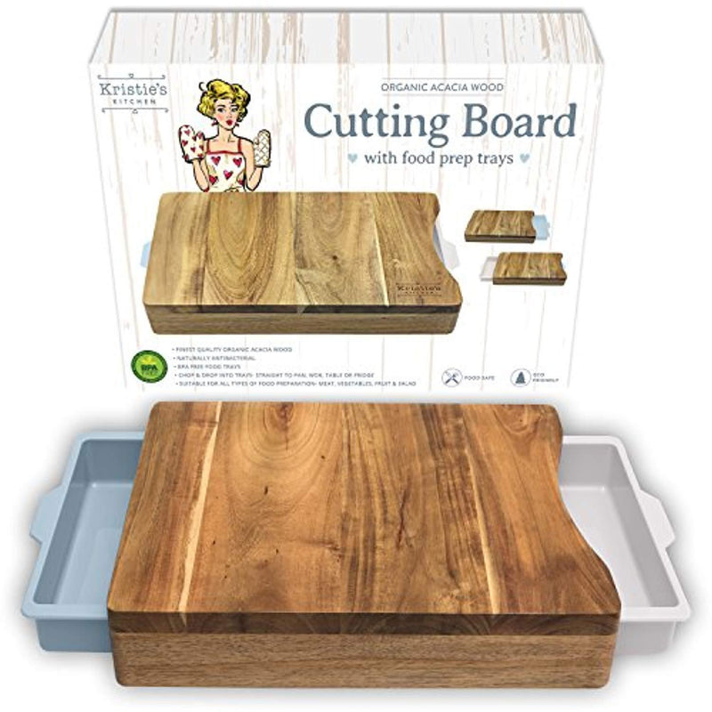 Cutting Board with Trays - Organic Acacia Wood Butcher Block with Containers White Pale Blue