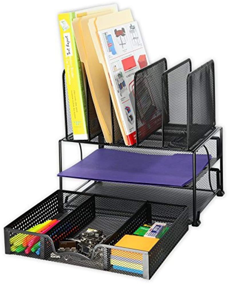 SimpleHouseware Mesh Desk Organizer with Sliding Drawer, Double Tray and 5 Upright Sections, Black