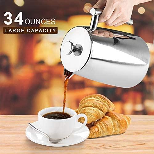 Secura French Press Coffee Maker, 50-Ounce, 18/10 Stainless Steel Insulated Coffee Press with Extra Screen