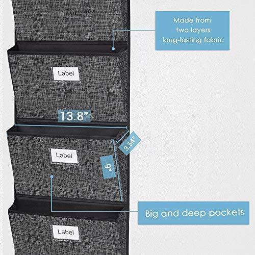 Over The Door Hanging File Organizer Wall Mounted, Office Supplies Storage Holder Pocket Chart for Magazine,Notebooks,Planners,File Folders,5 Large Pockets Grey