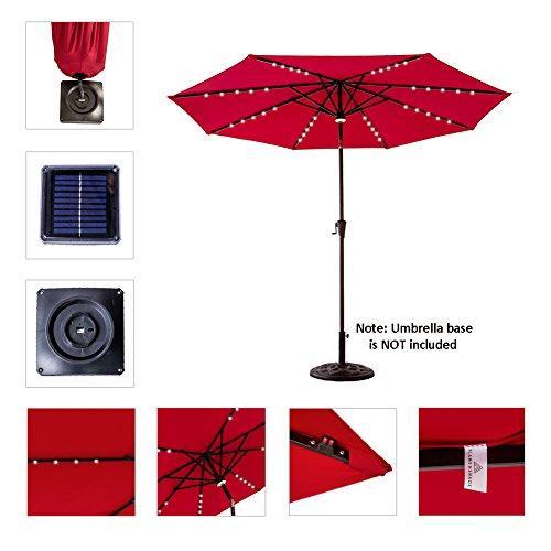 FLAME&SHADE 11 feet Solar Power LED Lights Outdoor Patio Market Umbrella with Crank Lift, Push Button Tilt, Red