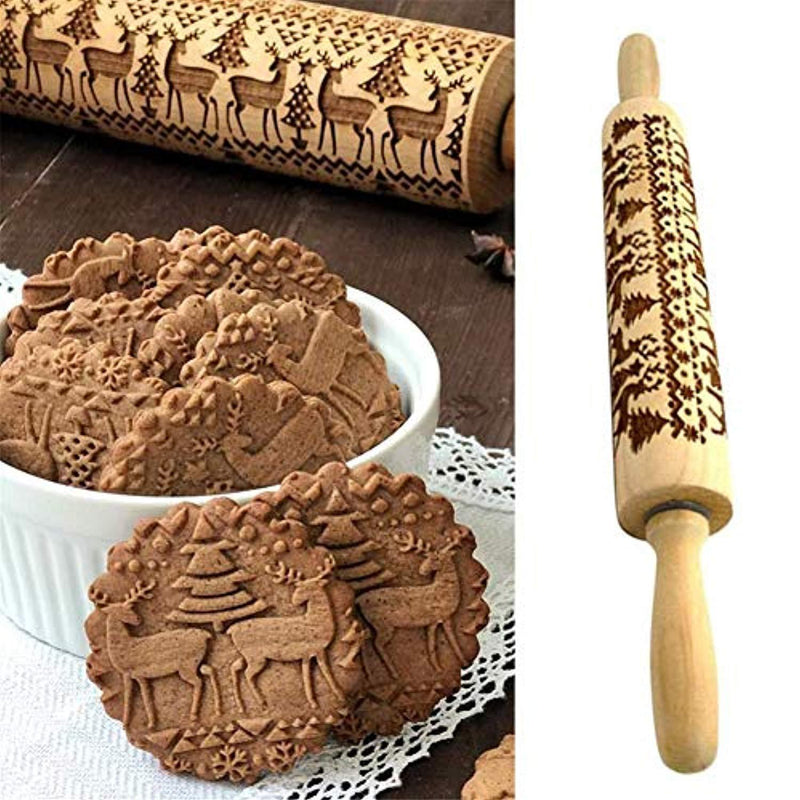 Sun Flower Christmas Wooden Rolling Pins Engraved Embossing Rolling Pin with Christmas Symbols for Baking Embossed Cookies(tree) (43×5cm)