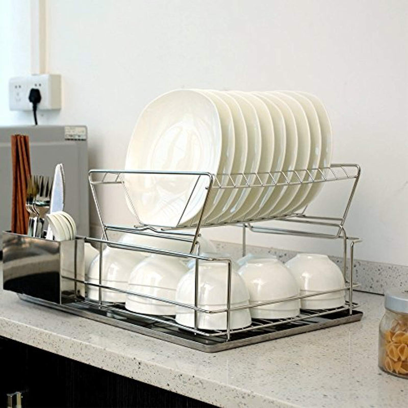 1208S 2 Tier Dish Drainer Dish Rack with Removable Utensil Cup for Kitchen Counter, Stainless Steel