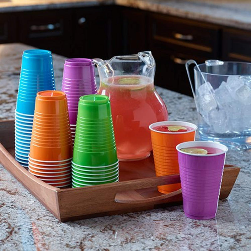 Hefty Disposable Plastic Cups in Assorted Colors - 16 Ounce, 4 Packages of 100 Cups (400 Total)