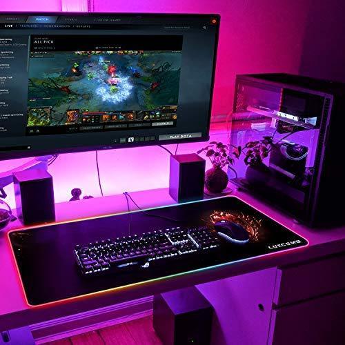 LED RGB Gaming Mouse Pad - 10 Light Modes Extended Computer Keyboard Mat with Durable Stitched Edges and Non-Slip Rubber Base, High-Performance Large Mouse Pad Optimized for Gamer 31.5X11.8X0.15Inch