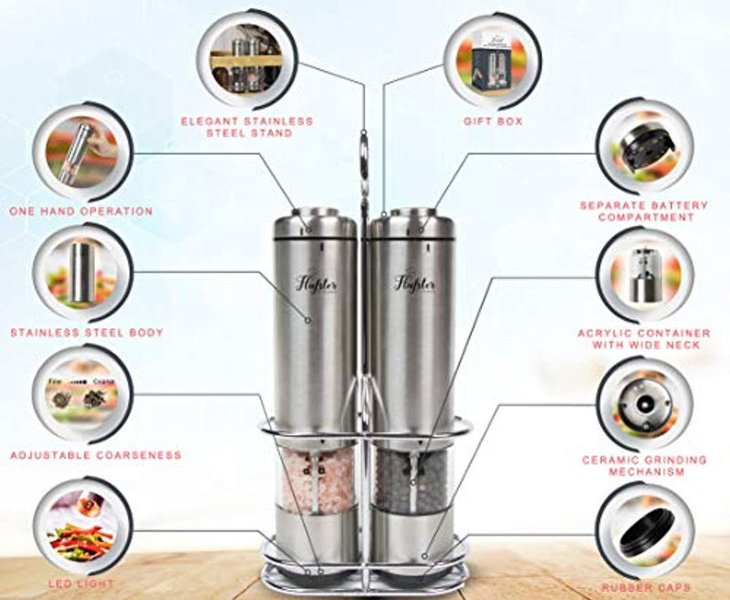 Battery Operated Salt and Pepper Grinder Set - Electric Stainless Steel Salt&Pepper Mills(2) by Flafster Kitchen -Tall Power Shakers with Stand - Ceramic Grinders with lights and Adjustable Coarseness