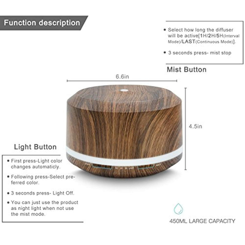 Essential Oil Diffuser 450ml, Dark Wood Grain Aromatherapy Diffusers and Air Humidifiers Set for Large Room - LUSCREAL Gift Idea