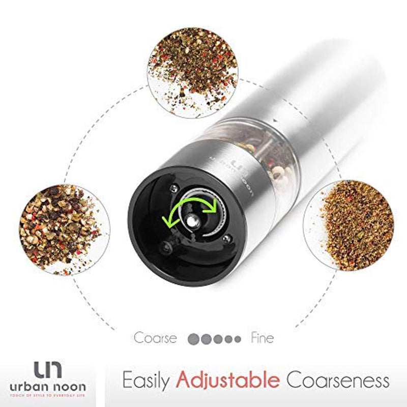 Electric Salt and Pepper Grinder Set - Battery Operated Stainless Steel Mill with Light (Pack of 2 Mills) - Automatic One Handed Operation - Electronic Adjustable Shakers - Ceramic Grinders