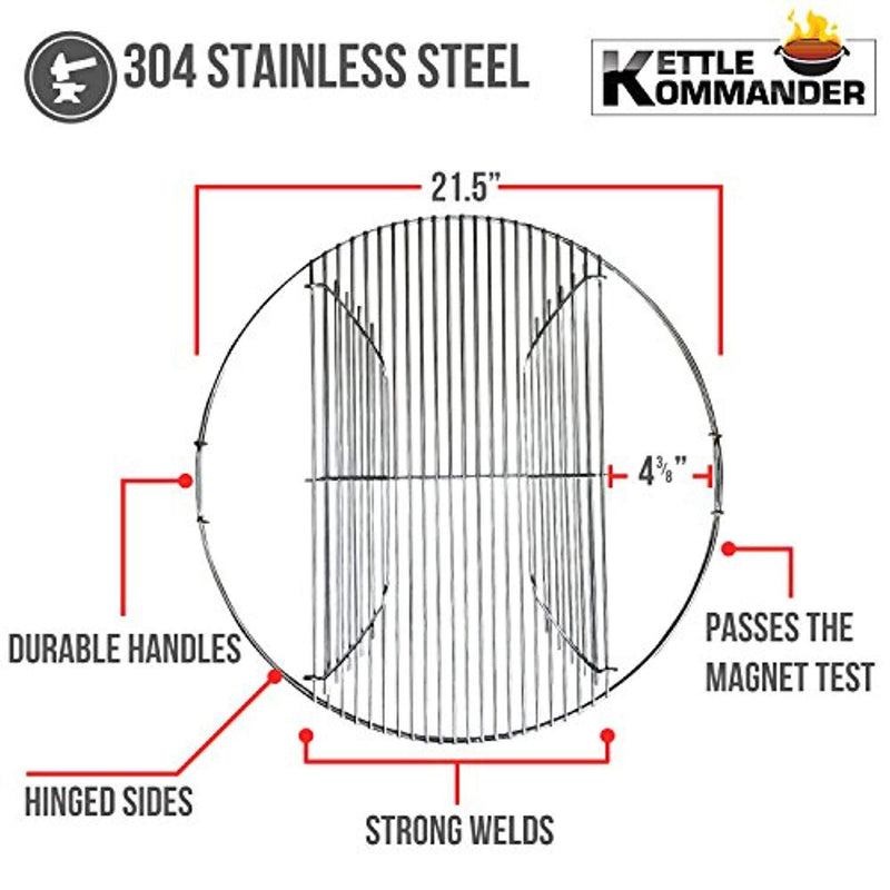 Kettle Kommander 22.5 Inch 304 Stainless Steel 4.5 mm Hinged Grilling/Cooking Replacement Grate - for use in 22" Weber Charcoal Grills - Stronger Design