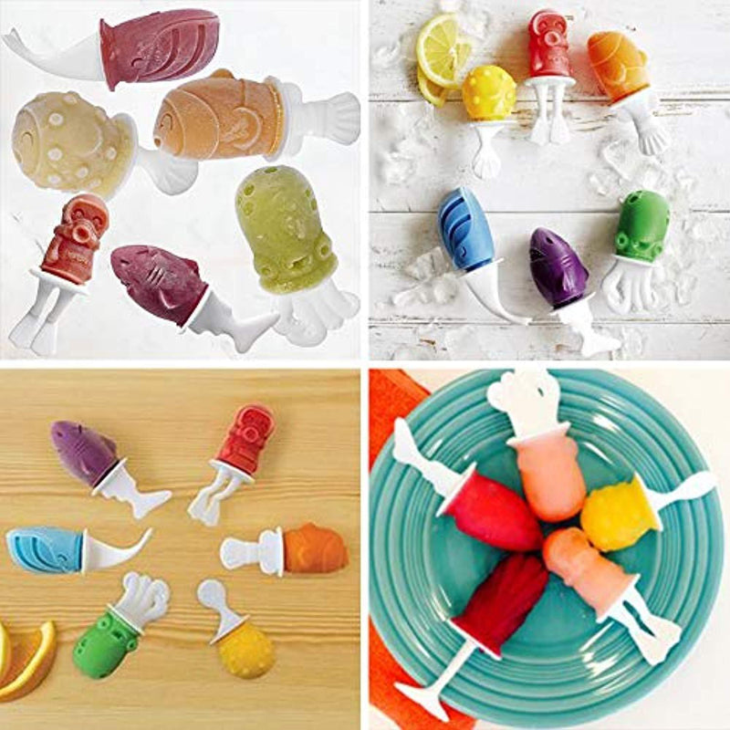 Fish Pop Molds, 6 Different Easy-release Silicone Popsicle Molds in One Tray, Unique Sea-creature Designs, BPA-Free Ice Cream Tray Holder for Baby, Kids, Family, Adults