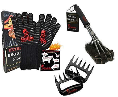 Grillin Chill Gear Meat Claws - Best Bear Claw Pulled Pork Meat Shredders in BBQ Grill Accessories +18" BBQ Grill Brush - Rust Proof Stainless Steel Woven Wire