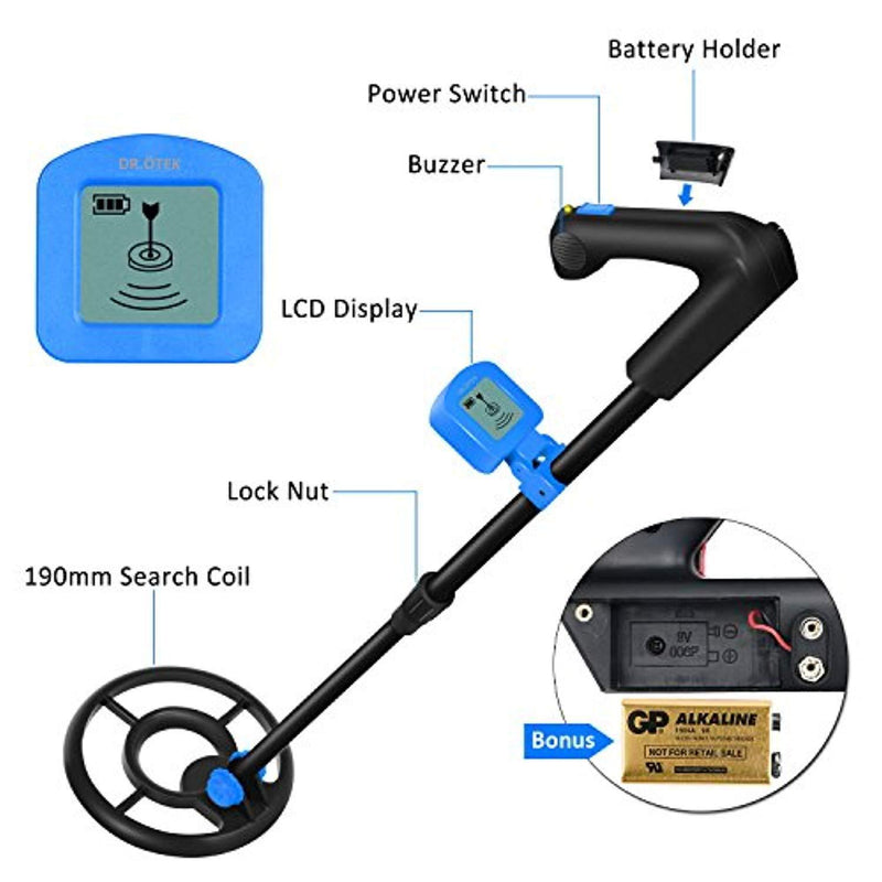 DR.ÖTEK Easy to Operate LCD Metal Detector for Kids and Beginners, Lightweight, Waterproof Coil, Detects Gold, Sliver, Coins, Artifacts, for Junior-Includes Shovel and Battery-Blue/Black