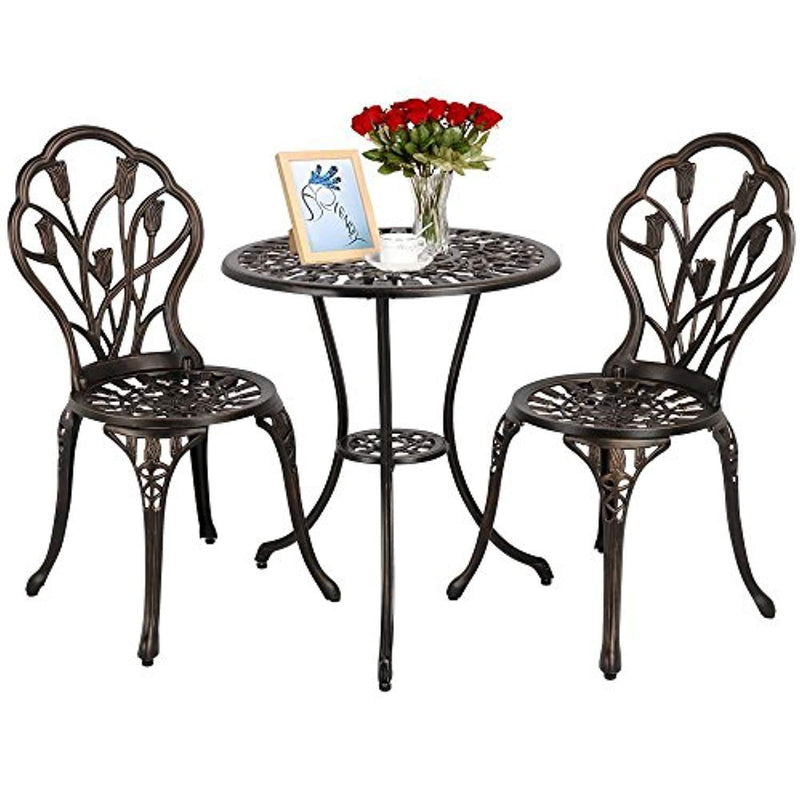 HOMEFUN Bistro Table Set, Outdoor Patio Set 3 Piece Table and Chairs, Tulip Carving and Weather Resistant (Antique Bronze)