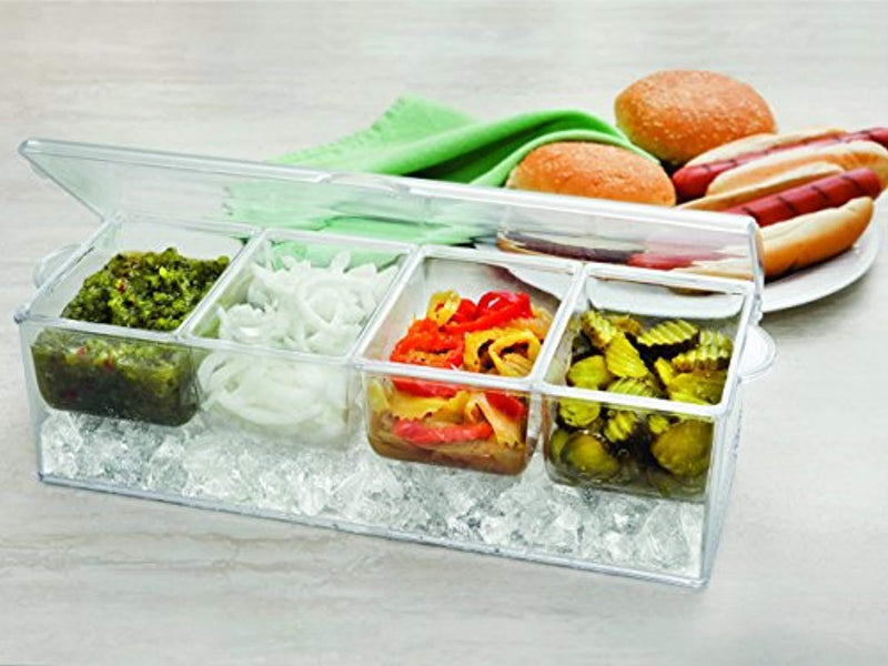 Jumbl Condiments Caddy Chilled Server Tray On Ice. 4 Big Sections Organize & Dispense Condiments With Ice Compartment Underneath. Container Made Of Shatterproof Acrylic Plastic.