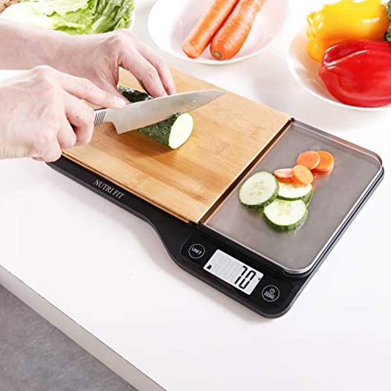 Food Scale with Removable Bamboo Cutting Board & Tray-3 in 1 Digital Kitchen Scale, LCD Display, 11lb 5kg, Easy for Cooking & Clean by Nutrifit (Measuring spoons & Batteries Included)