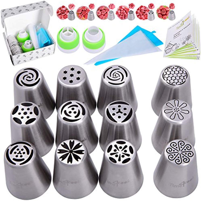 Baking supplies set 25 pcs - Russian piping tips newest patterns - big size 9 flower icing tips and 3 Malaysia pastry nozzles with accessories included in Cake decorating set