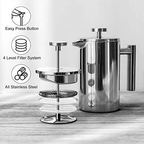 BAYKA French Press Coffee Maker, Stainless Steel 34oz Double-Wall Metal Insulated Coffee Tea Makers with 4 Level Filtration System, Rust-Free, Dishwasher Safe