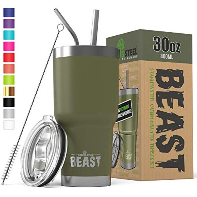 BEAST 30 oz Tumbler Stainless Steel Insulated Coffee Cup with Lid, 2 Straws, Brush & Gift Box by Greens Steel (30 oz, Army Green)