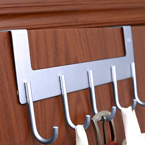 ACMETOP Over The Door Hook Hanger, Heavy-Duty Organizer for Coat, Towel, Bag, Robe - 5 Hooks, Aluminum, Brush Finish (Silver)