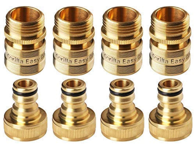 GORILLA EASY CONNECT Garden Hose Quick Connect Fittings. ¾ Inch GHT Solid Brass. 4 Sets of Male & Female Connectors.