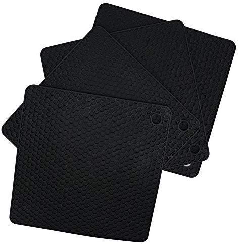 7“×7”Square silicone Silicone heat resistant trivet Trievt mat Jar opener Flexible Insulation High temperature resistant Dishwasher Food grade Saety (4 Pack black)