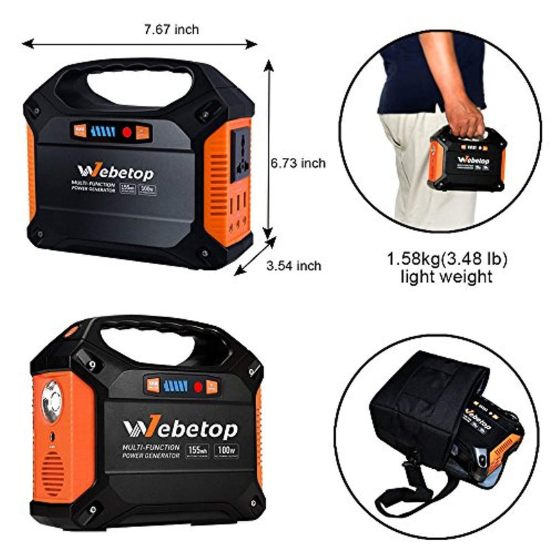 Webetop 155Wh 42000mAh Portable Generator Inverter Battery 100W Camping Emergency Home Use UPS Power Source Charged by Solar Panel/Wall Car with 110V AC Outlet,3 DC 12V,3 USB Port