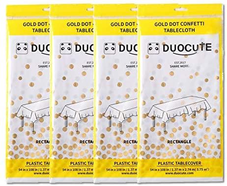 Duocute White Disposable Party Tablecloth for Rectangle Table, Gold Stamping Dot Confetti Rectangular Plastic Table Cover, for Bridal Shower, Engagement, Wedding, 54" x 108", Pack of 4