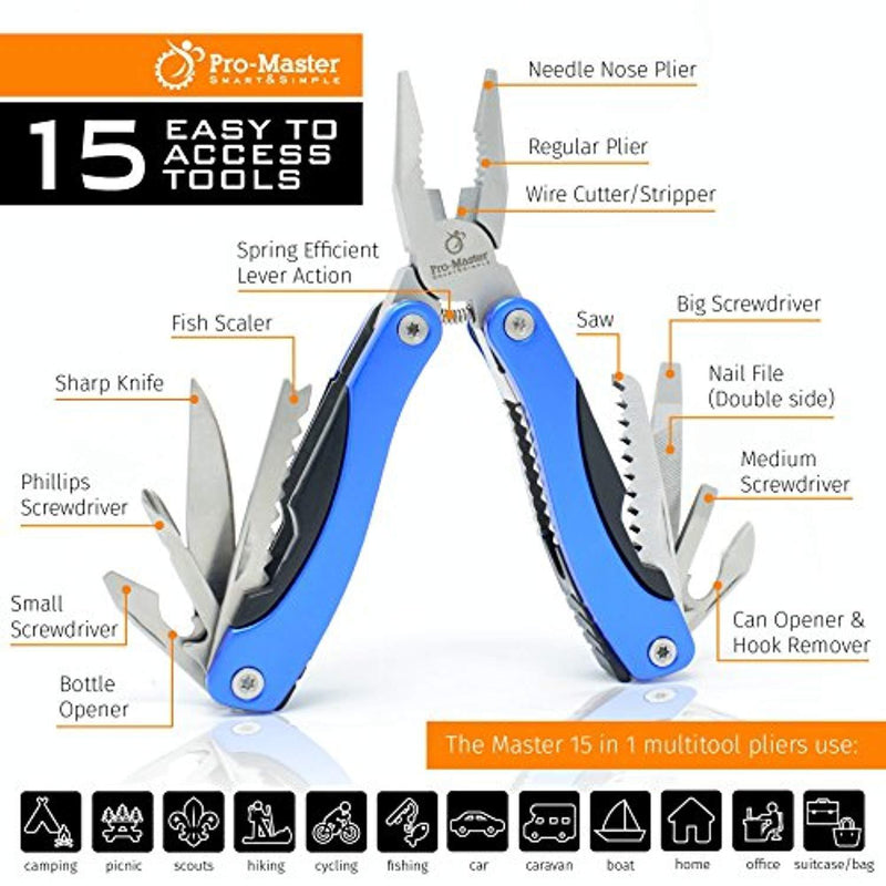 BEST Multitool Knife. 15 in 1 Portable Pocket Multifunctional Multi Tool. Folding Saw, Wire Cutter, Pliers, Sheath. Multipurpose, Survival, Camping, Fishing, Hunting, Hiking, Car Set. Life Warranty