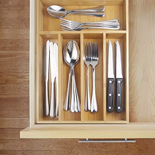 24-Piece Silverware Teivio Set, Flatware Set Mirror Polished, Dishwasher Safe Service for 4, Include Knife/Fork/Spoon with Bamboo 5-Compartment Silverware Drawer Organizer Box